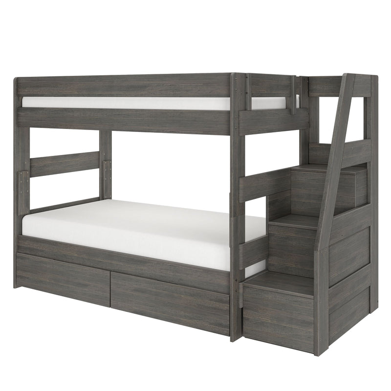 Gray wooden twin-over-full bunk bed with built-in staircase storage and two under-bed drawers, modern kids bedroom furniture