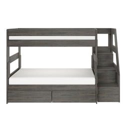 Gray wooden bunk bed with right-side storage staircase, under-bed drawers and white mattresses — modern space-saving kids' bedroom furniture