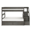 Gray wooden loft bunk bed with staircase, built-in storage drawers and lower platform bed, modern twin-over-full bedroom furniture