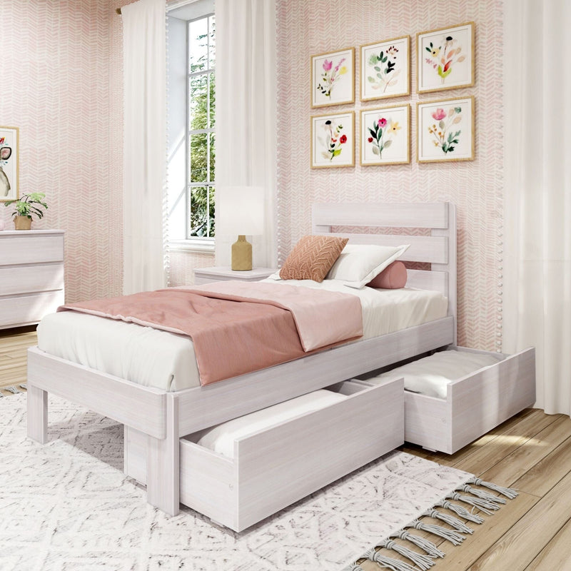 Cozy bedroom with a white platform bed featuring under-bed storage drawers, pink accents, and decorative floral wall art.