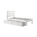 White wooden twin bed frame with slatted headboard and built-in under-bed storage drawers, modern minimalist bedroom furniture