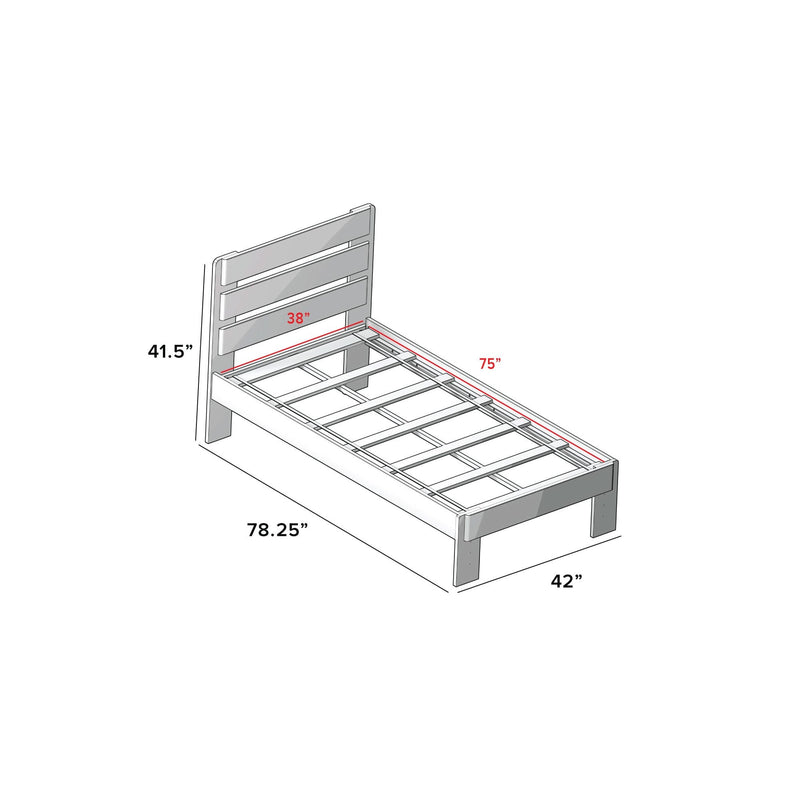 Twin platform bed frame with slatted headboard and wood slat support, twin mattress area 75 in x 38 in, headboard 41.5 in high, overall 78.25 in x 42 in