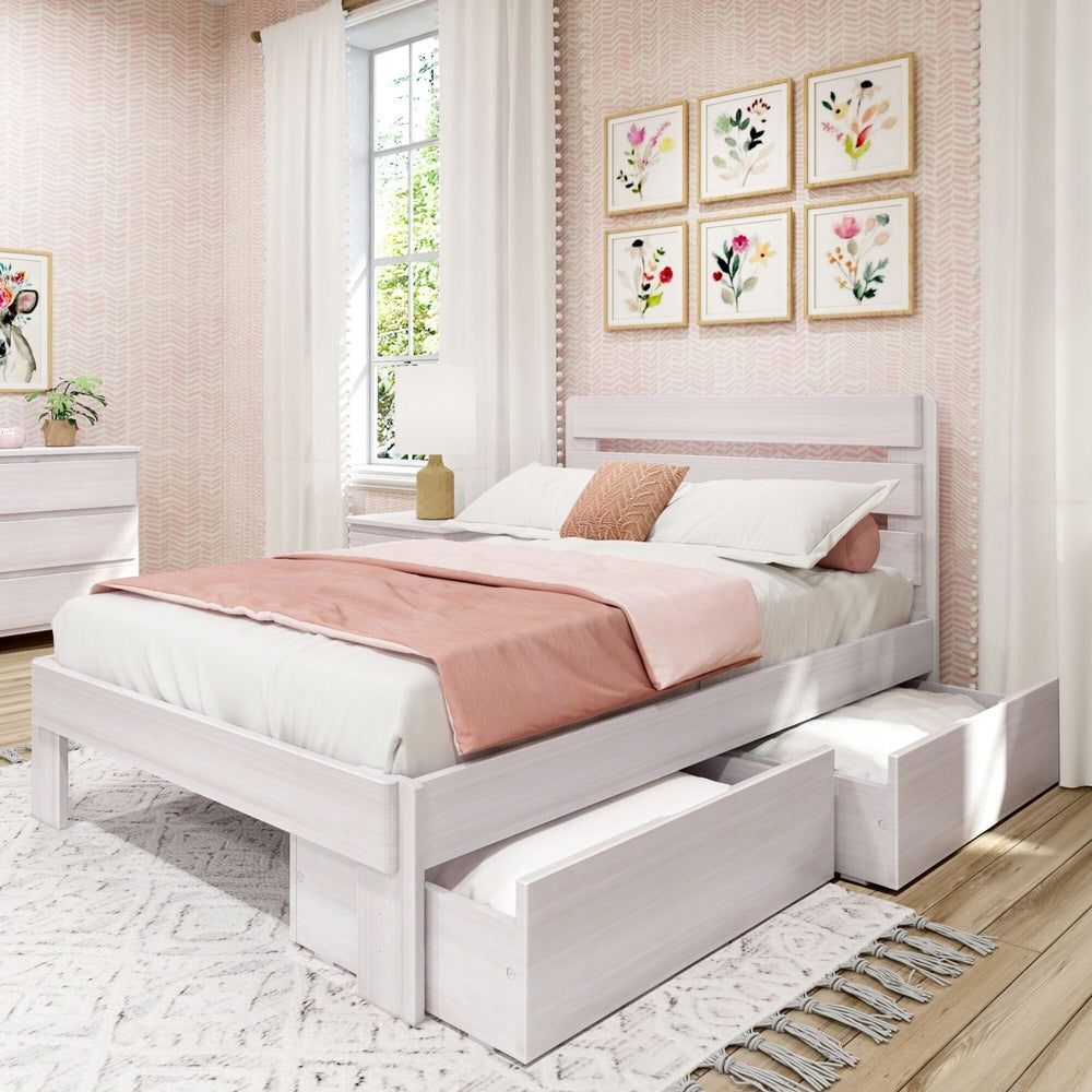 Modern bedroom with a white wooden platform bed featuring storage drawers, pink bedding, floral wall art, and natural light for a cozy atmosphere.