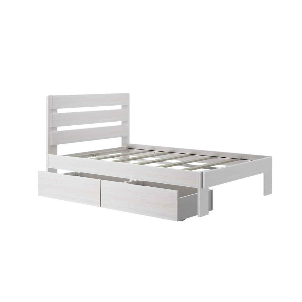 White wooden bed frame with storage drawers and slatted headboard.