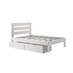 White wooden bed frame with storage drawers and slatted headboard.