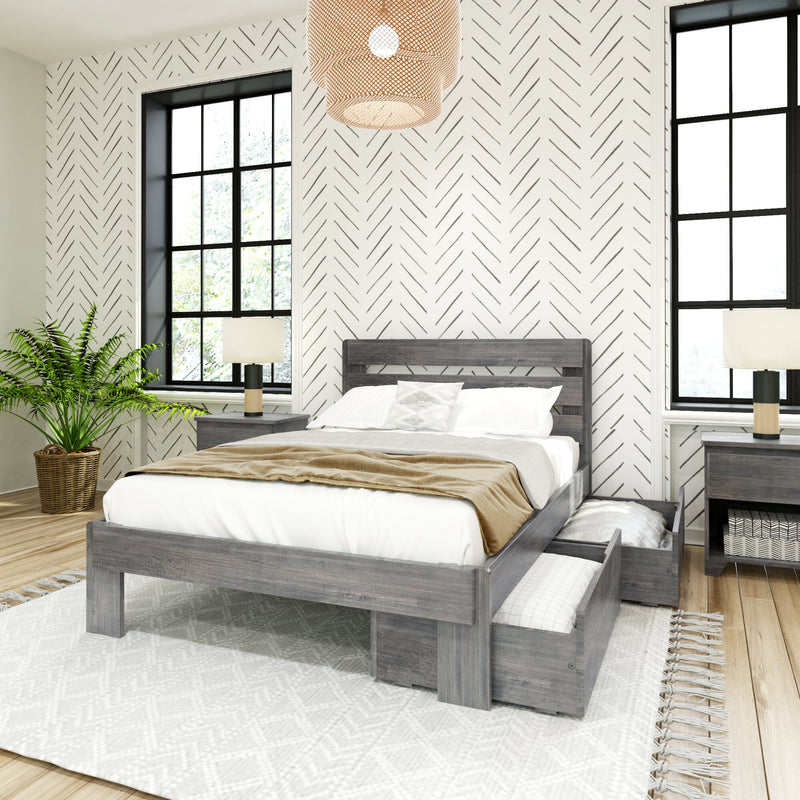 Modern bedroom with gray wooden bed frame, stylish bedding, and decorative wall pattern.