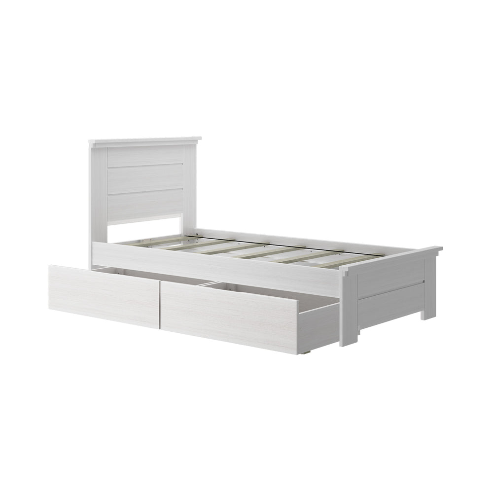 White wooden bed frame with built-in storage drawers and headboard.