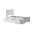 White wooden platform bed frame with slatted headboard and built-in underbed storage drawers, modern bedroom furniture
