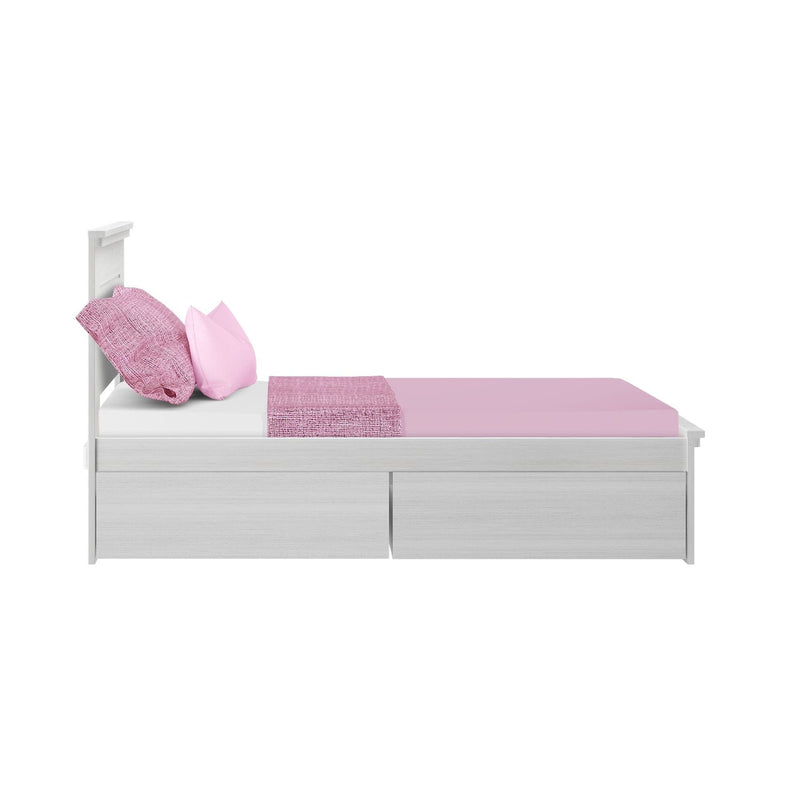 Modern white wooden bed with pink bedding and storage drawers.