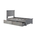 Gray wooden platform bed frame with slatted base, paneled headboard and two under-bed storage drawers in modern farmhouse style