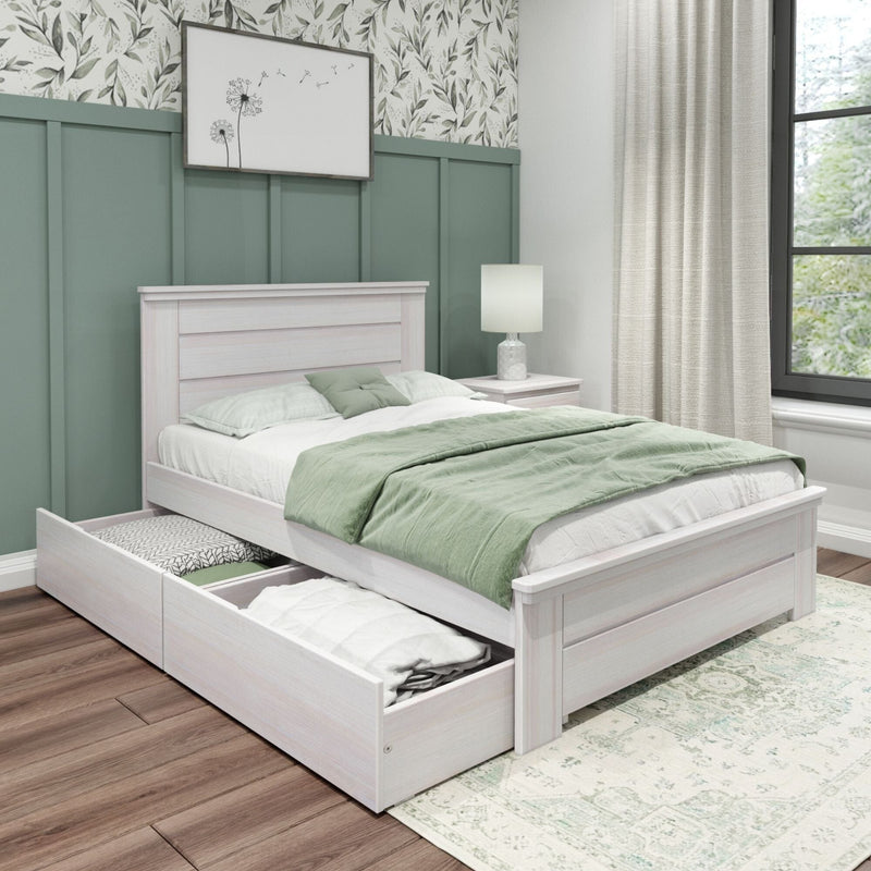 Whitewashed wooden storage bed with under-bed drawers, sage green bedding, paneled green accent wall and botanical wallpaper