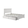White wooden platform storage bed frame with slatted base, paneled headboard and two under-bed drawers