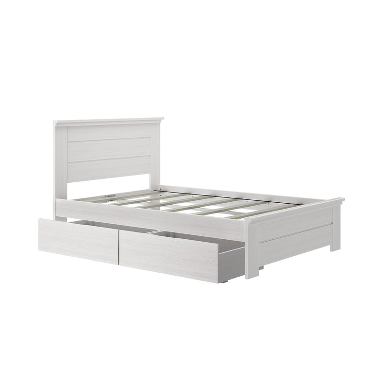 White wooden platform storage bed frame with slatted base, paneled headboard and two under-bed drawers