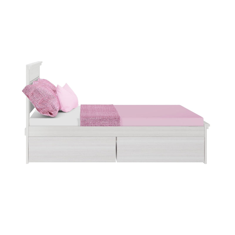 White wooden bed frame with pink bedding and storage drawers.