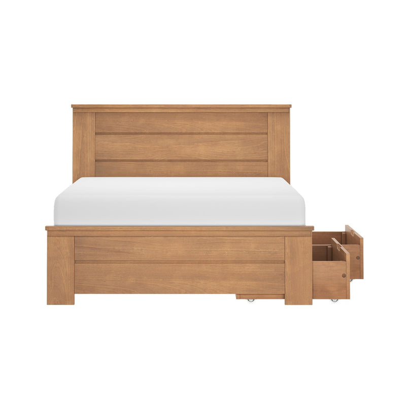 Light oak wooden platform bed with paneled headboard, white mattress, and built-in under-bed storage drawers on casters — modern farmhouse storage bed