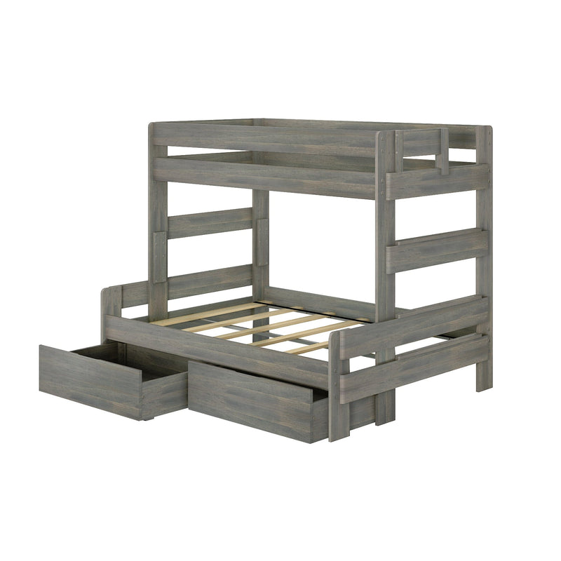 Wooden twin over full bunk bed with gray finish and integrated storage drawers, ideal for space-saving in kids' bedrooms.