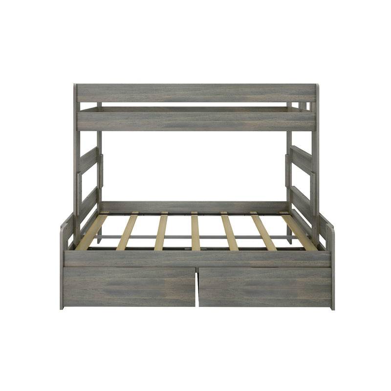 Contemporary grey wooden bunk bed with storage drawers and slatted foundation.