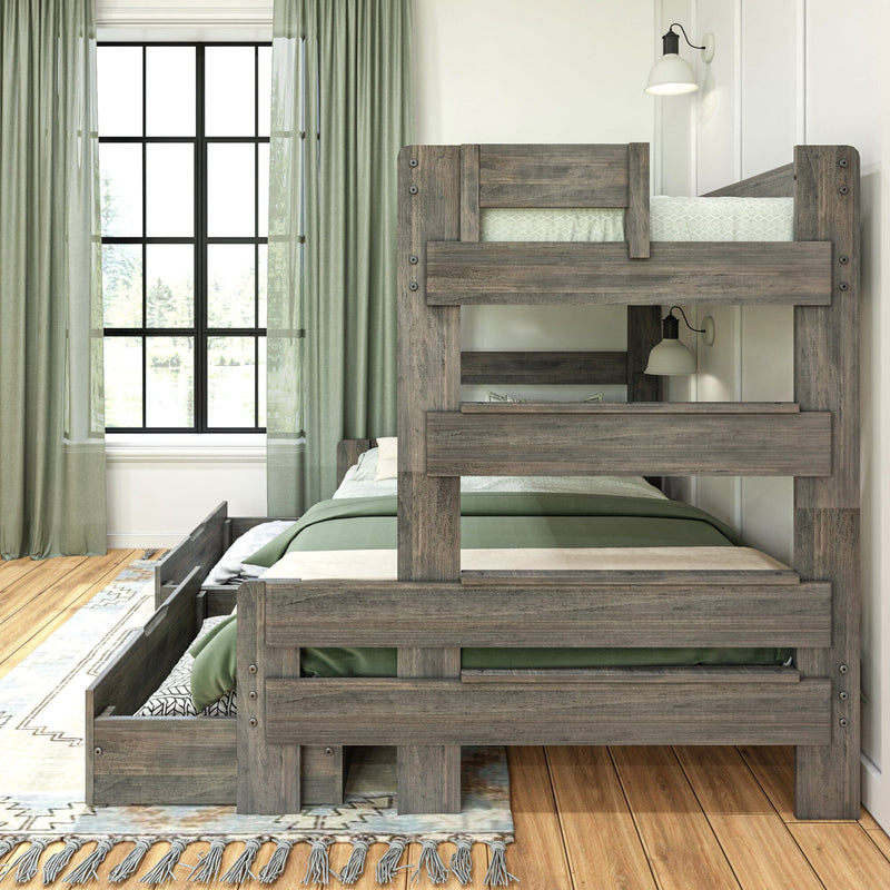 Rustic wooden bunk bed with green bedding and under-bed storage in a bright bedroom with natural light.