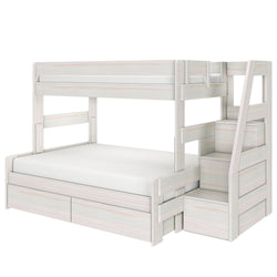 Whitewashed wooden twin-over-full bunk bed with integrated staircase storage, built-in underbed drawers and safety guardrails — modern space-saving kids' bedroom furniture