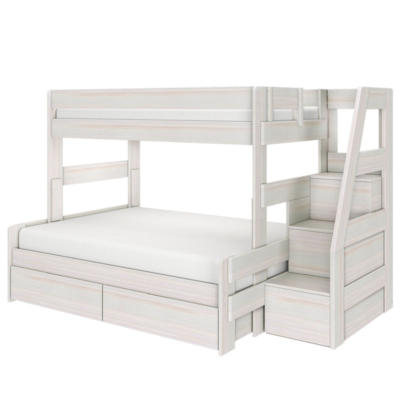 Whitewashed wooden twin-over-full bunk bed with integrated staircase storage, built-in underbed drawers and safety guardrails — modern space-saving kids' bedroom furniture