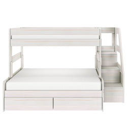 White wooden twin-over-full bunk bed with built-in staircase and under-bed storage drawers, space-saving kids' bedroom furniture