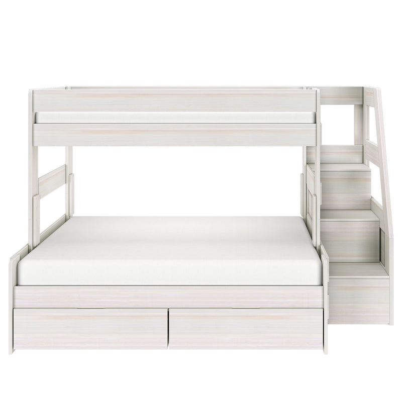 White wooden twin-over-full bunk bed with built-in staircase and under-bed storage drawers, space-saving kids' bedroom furniture