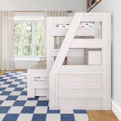 White wooden kids bunk bed with built-in storage and angled ladder in bright children's bedroom with blue checkered rug and large window