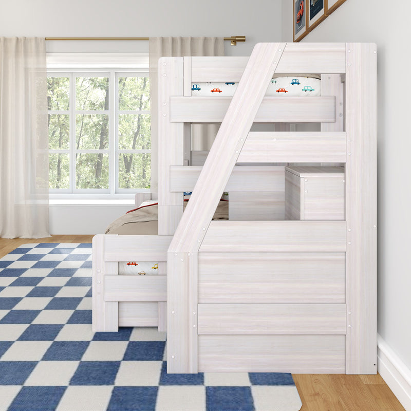 White wooden kids bunk bed with built-in storage and angled ladder in bright children's bedroom with blue checkered rug and large window