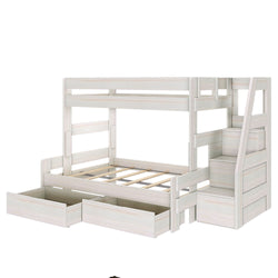 White-washed wooden twin-over-full bunk bed with built-in staircase and under-bed storage drawers, space-saving kids bedroom furniture