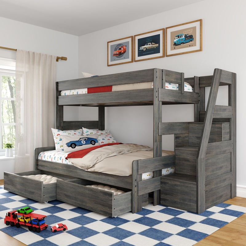 Gray wooden kids bunk bed with pull-out storage drawers and ladder, car-themed bedding and toy cars on blue checkered rug, framed car prints