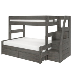 Gray wood twin-over-full bunk bed with built-in staircase storage, under-bed drawers and white mattresses, modern farmhouse kids' bedroom furniture