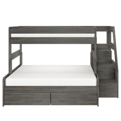 Modern gray wood twin-over-full bunk bed with built-in staircase, under-bed storage drawers and white mattresses — space-saving kids' bedroom furniture