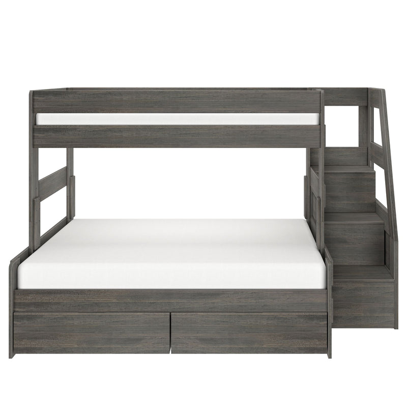 Modern gray wood twin-over-full bunk bed with built-in staircase, under-bed storage drawers and white mattresses — space-saving kids' bedroom furniture