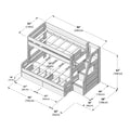 Bunk bed dimensions diagram: wooden twin-over-full loft bed frame with ladder, slatted mattress support, integrated storage drawers and measurements in inches and cm