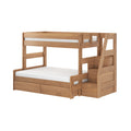 Kids loft-style natural wood bunk bed with safety rails, integrated staircase with storage drawers and under-bed storage