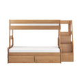 Natural oak wooden loft bunk bed with built-in ladder, integrated storage drawers and white twin mattress — space-saving kids bedroom furniture