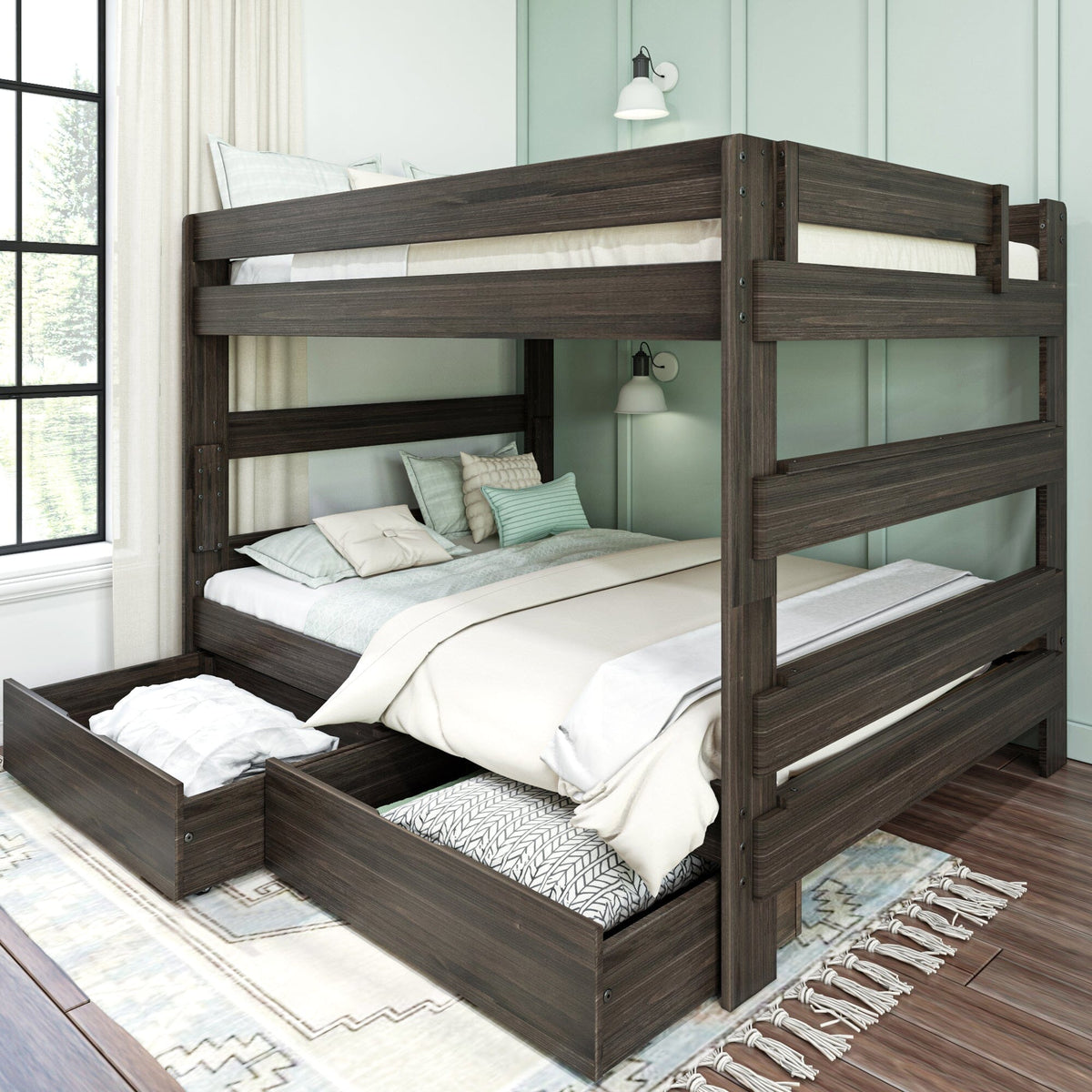 Modern Farmhouse Queen over Queen Bunk Bed with Storage Drawers Max