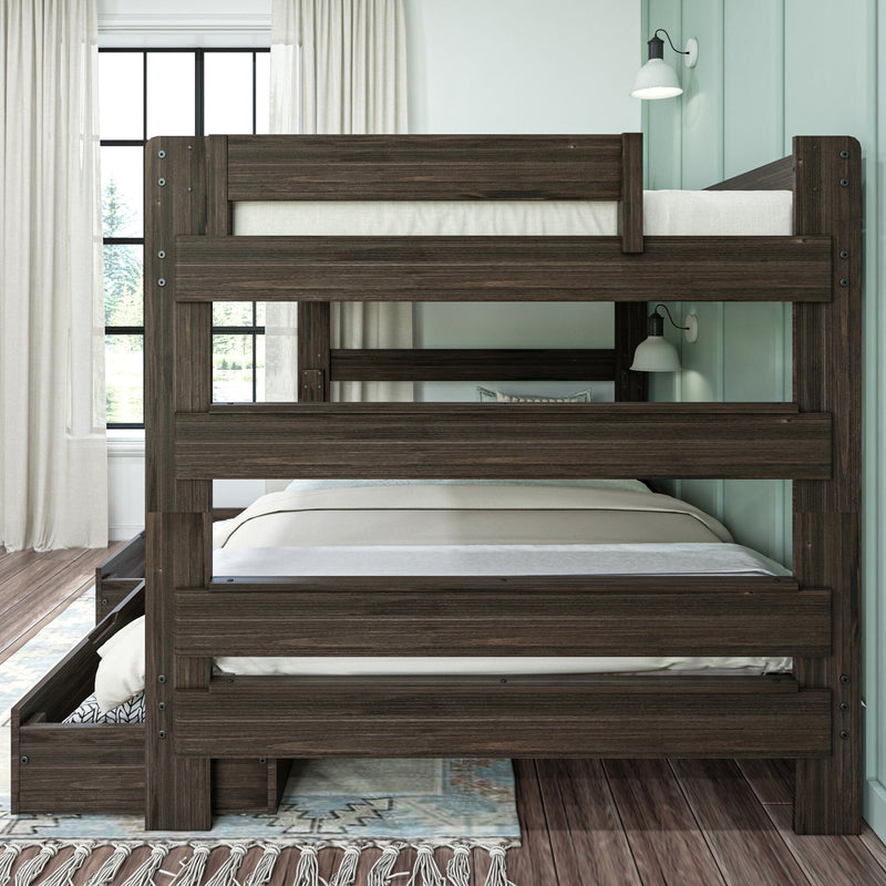 Wooden bunk bed with storage drawers in a cozy bedroom setting.