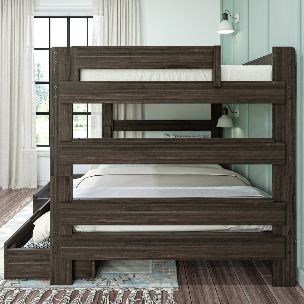 197271-181 : Bunk Beds Farmhouse Queen over Queen Bunk Bed with Storage Drawers, Barnwood Brown