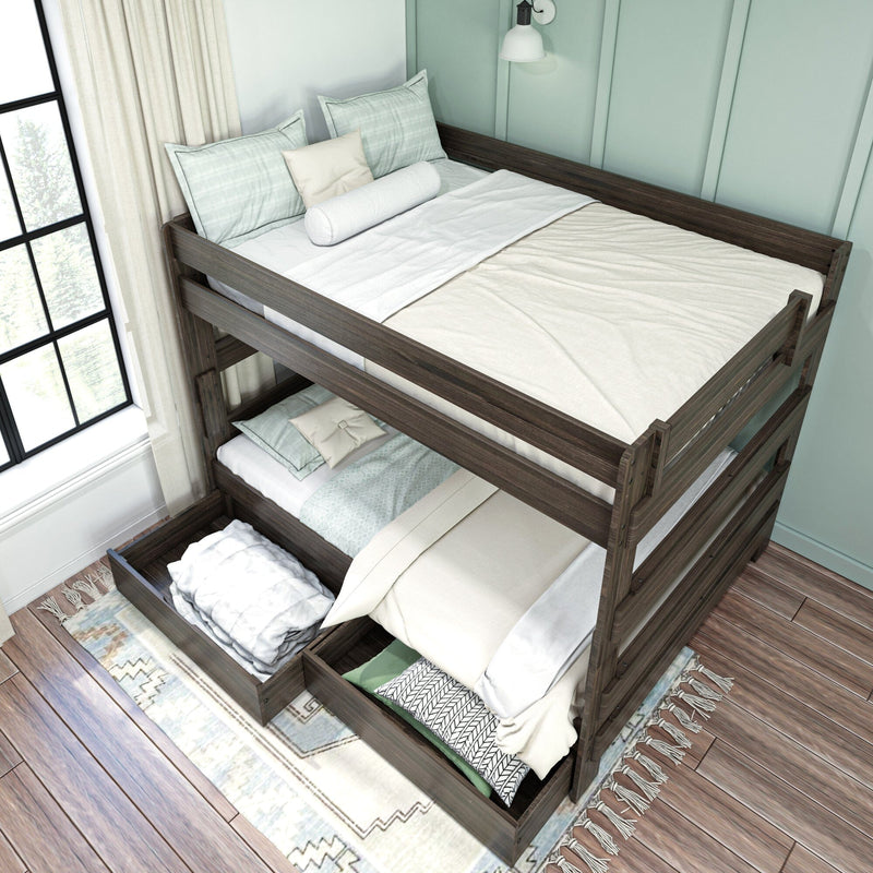 Elegant dark wood bunk bed with beige and mint green bedding, featuring built-in storage drawers, in a modern bedroom setting.