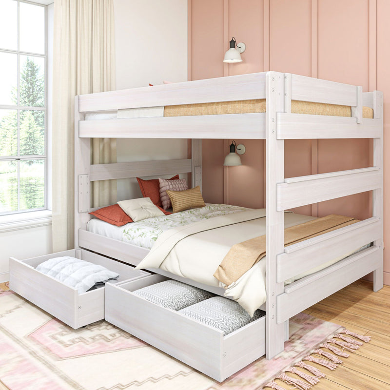 Contemporary white wooden bunk bed with pull-out storage drawers in a cozy bedroom with pastel pink accents.