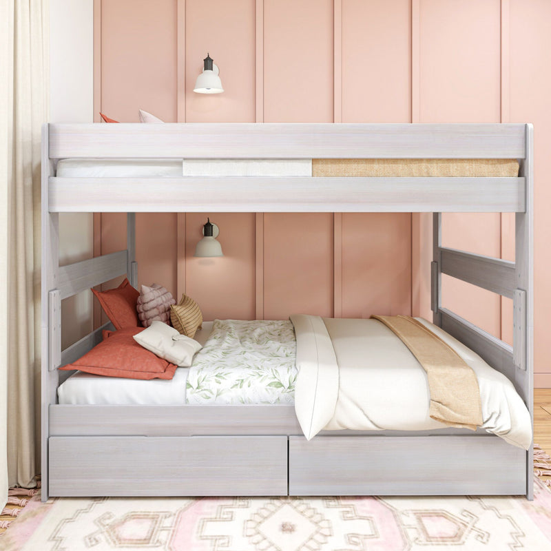 Modern wooden bunk bed with pink and white bedding in stylish bedroom interior.