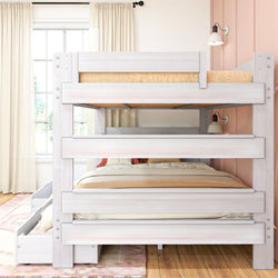 197271-182 : Bunk Beds Farmhouse Queen Over Queen Bunk Bed With Storage Drawers, White Wash