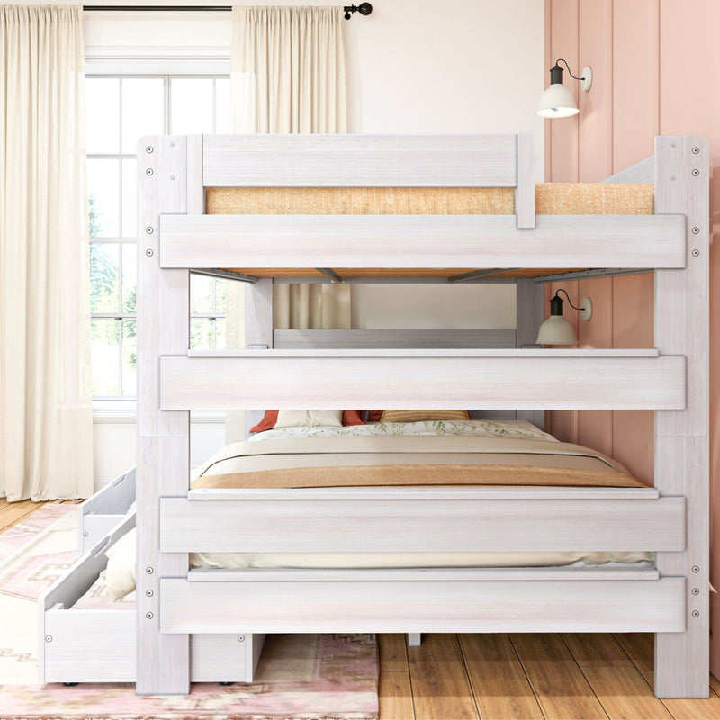 White wooden bunk bed with storage drawers in a cozy, modern bedroom.