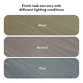 Three wood finish sample swatches labeled Warm, Neutral, and Cool illustrating how a wood finish's color and grain appearance changes under different lighting conditions