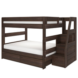 Dark walnut twin-over-full wooden bunk bed with built-in stair drawers, under-bed storage drawers, slatted guardrails and modern white mattresses