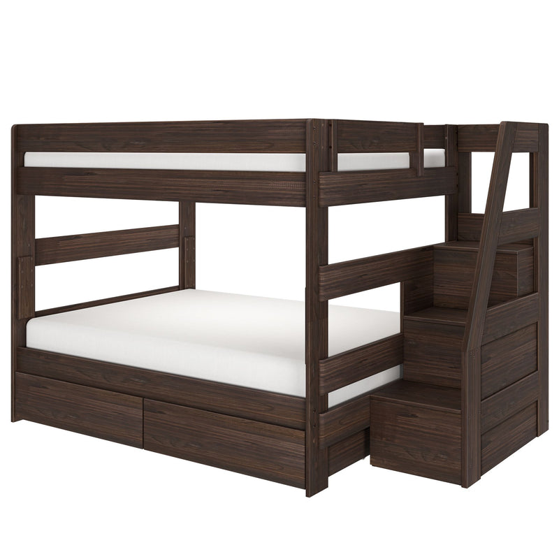 Dark walnut twin-over-full wooden bunk bed with built-in stair drawers, under-bed storage drawers, slatted guardrails and modern white mattresses