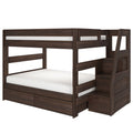 Dark espresso solid wood twin-over-full bunk bed with built-in staircase storage and under-bed drawers for kids' bedroom