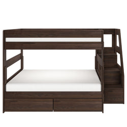Dark walnut twin-over-full wooden bunk bed with staircase, built-in storage drawers and safety rails, space-saving loft-style kids' bedroom furniture