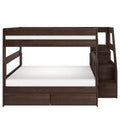 Dark brown wooden twin-over-full bunk bed with staircase, built-in under-bed storage drawers and space-saving platform design